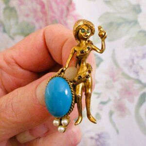 VINTAGE Eve Snake Apple Figural Brooch ~ Garden of Eden Gold Blue Pearl Brooch